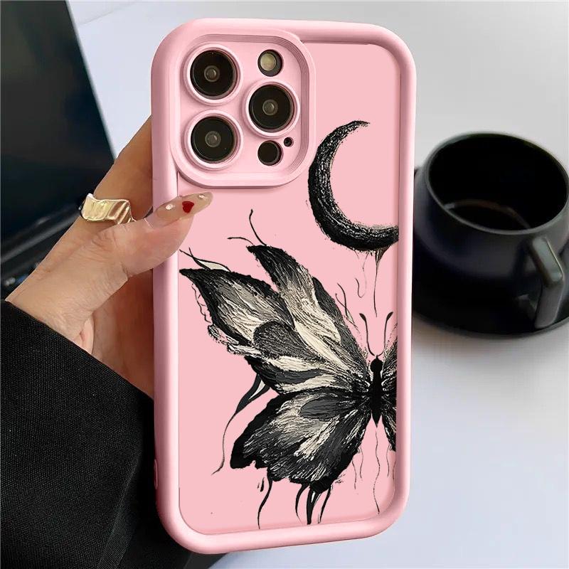 Модный чехол с рисунком луны и бабочки для iPhone 16 Pro Max 15 Plus 14 13 12 Pro 11 TPU мягкий матовый силиконовый противоударный защитный чехол для объектива телефона