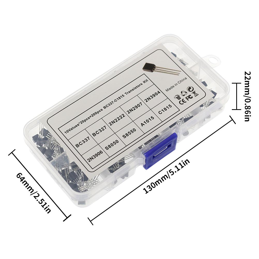 10 Values TO-92 200PCS Transistor Assortment BC327 BC337 2N2222 2N2907 2N3904 2N3906 S8050 S8550 A1015 C1815