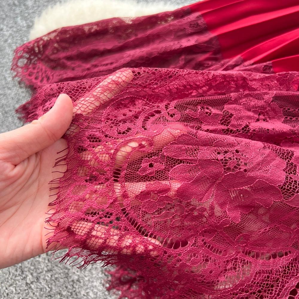 Платье высокого класса для женщин на осень, французская мода, кружевное, с длинными рукавами, пэчворк, с акцентом на талии, плиссированное длинное платье