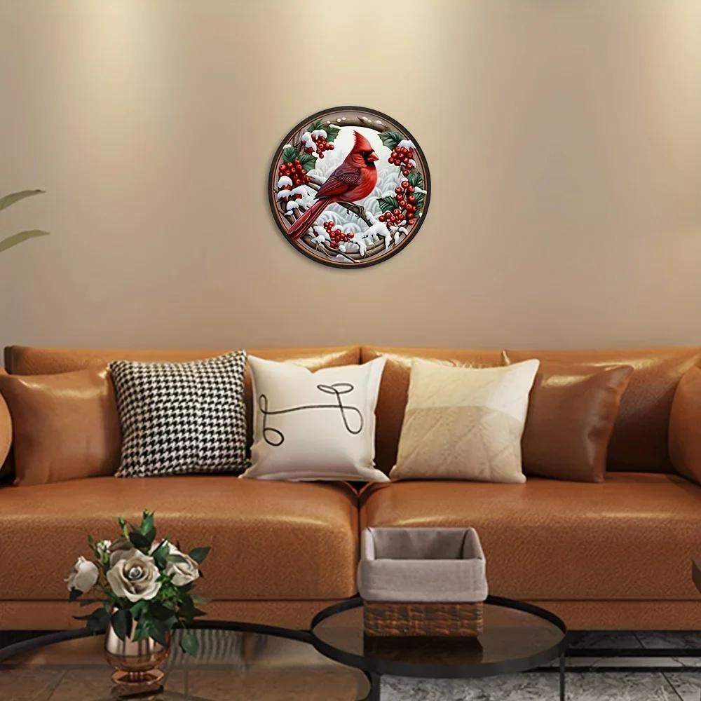 1pc Cardinal and Holly Berry Wreath Sign Christmas Holly Rough Metal Tin Sign Elegant and Noble Bird Decorative Wall Hanging