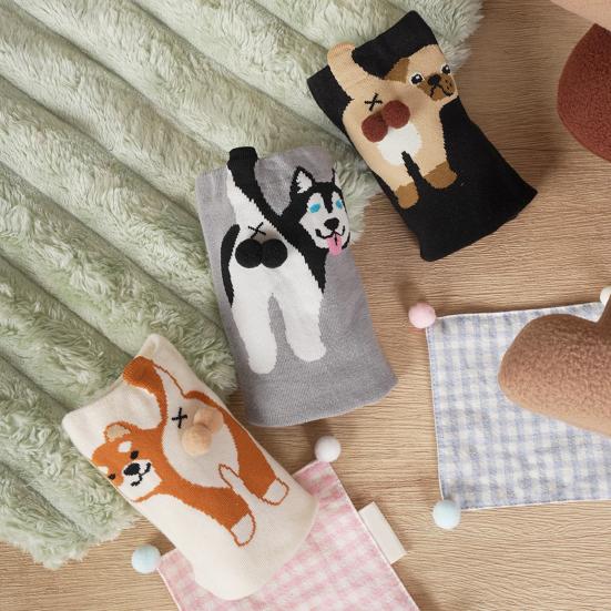 Женские милые носки с собачками с 3D пушистыми помпонами, смешные новинки с принтом животных, хлопковые носки средней длины для женщин, девушек, любителей собак