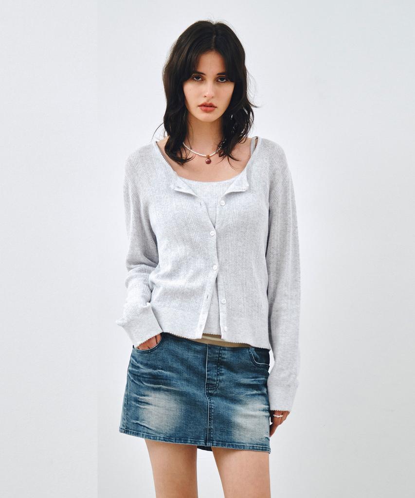 Mongdol Rib Banded Washed Denim Mini Skirt Light Blue Mdsk037Lblue