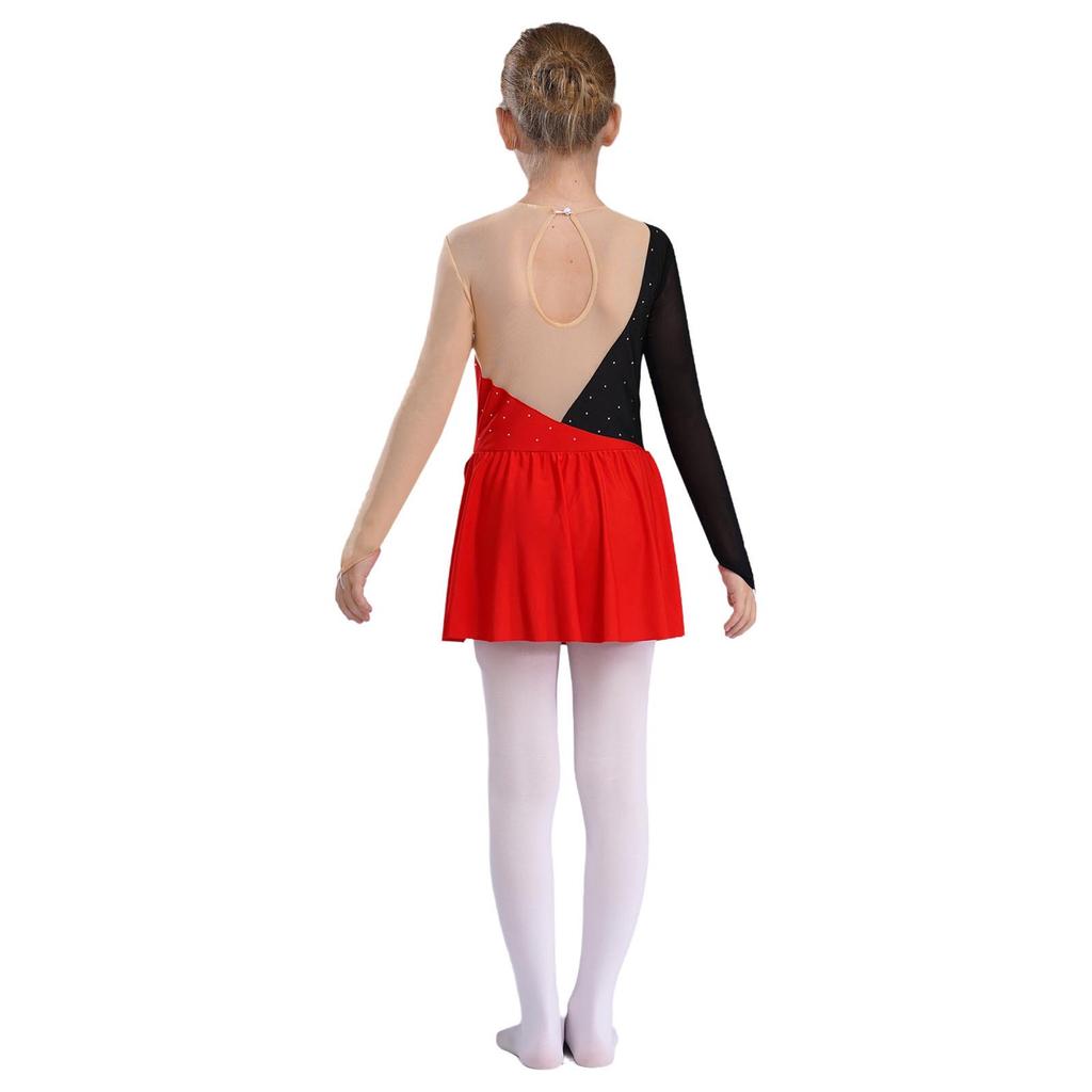 Платье для катания на коньках для девочек с длинным рукавом, круглым вырезом, контрастными стразами, открытой спиной, танцевальный костюм