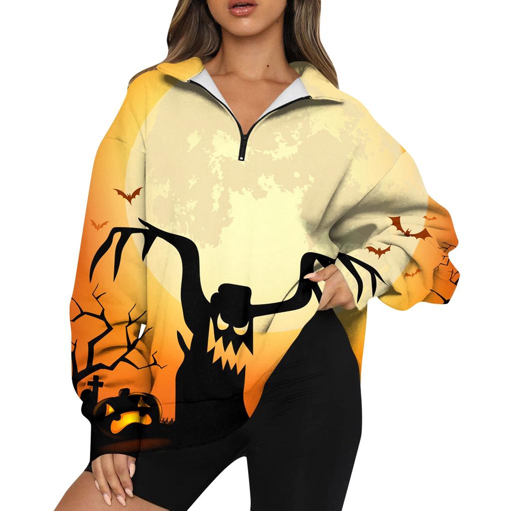 Women's Fashion Casual Long Sleeve Halloween Printed Zipper Turtleneck Drop Shoulder Sweatshirt Top