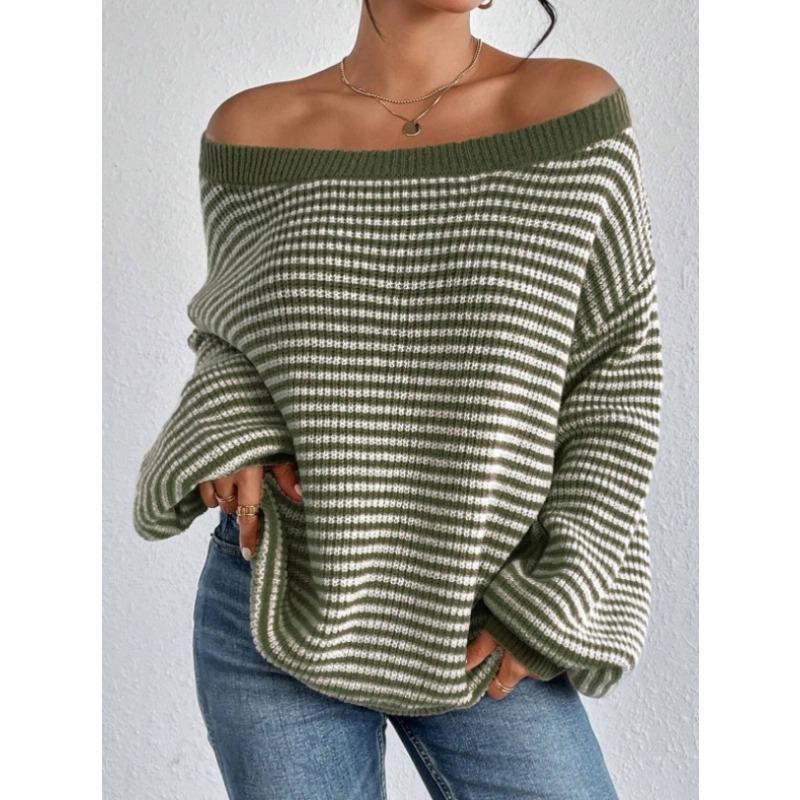 Autumn and Winter Clashing Color Striped Lantern Sleeve One-line Collar Strapless Knitted Sweater