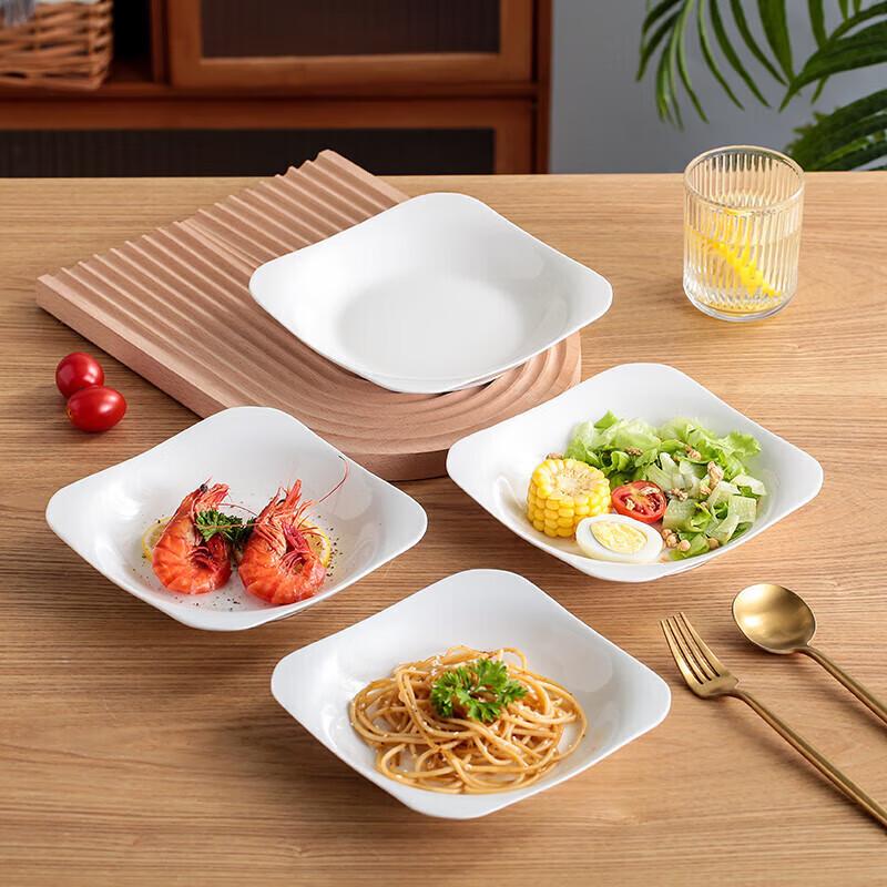 Jieyajie Ceramic Plates, Household White Porcelain Dishes, 8.5-Inch Chinese Square Deep Plates, Soup Plates, Microwave-Safe, Set of 4