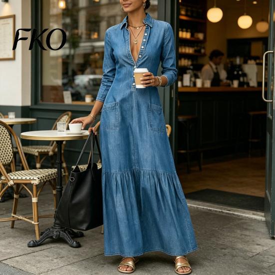 Casual Loose Dress Women Button Down Maxi Denim Dress, Long Sleeve Lapel V Simple Chic Neck Flowy A-line Jean with Pockets Lightweight