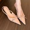 Туфли-лодочки с острым носком, босоножки на высоком каблуке, весенние новые банты, одинарные туфли на одной педали и тонкий каблук для женщин.