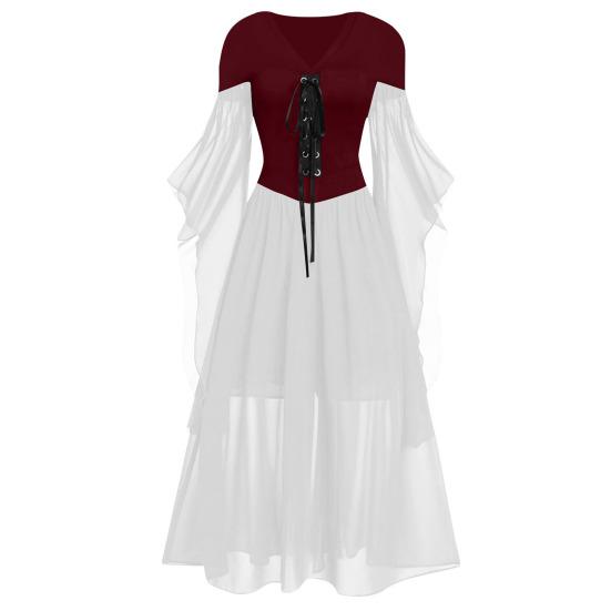 Женское платье для косплея в готическом стиле, костюм ведьмы на Хэллоуин, на шнуровке, с V-образным вырезом, в тон, с длинными рукавами и рогами, платье трапециевидной формы