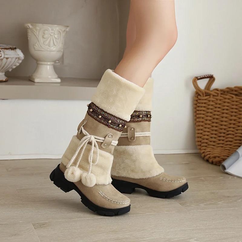 Winter Womens Thick Plush Snow Boots Fad Warm Mid Calf Women Platform Boots Retro Ethnic Stylish Fuzzy Ball Decor Chunky Booties