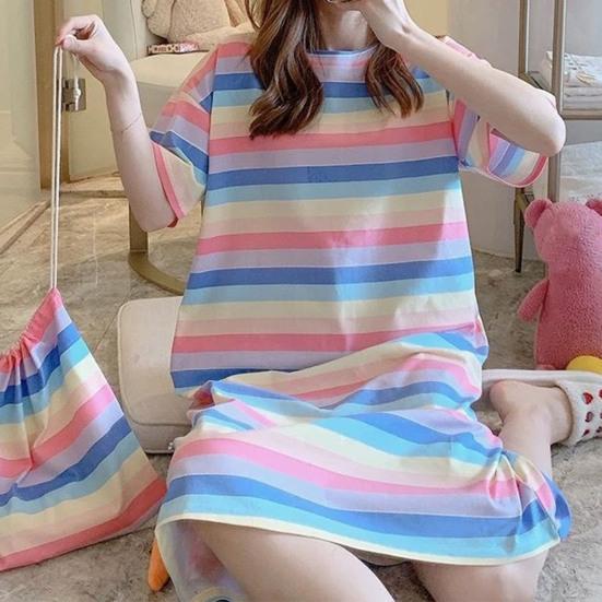 Beautiful Sleeping Dress Breathable Relaxed Comfortable Girls Sweet Pink Heart Print Summer Nightdress Home Wear