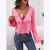 Women's Summer Commuter Elegant V-Neck Knit Tie Long Sleeve Top