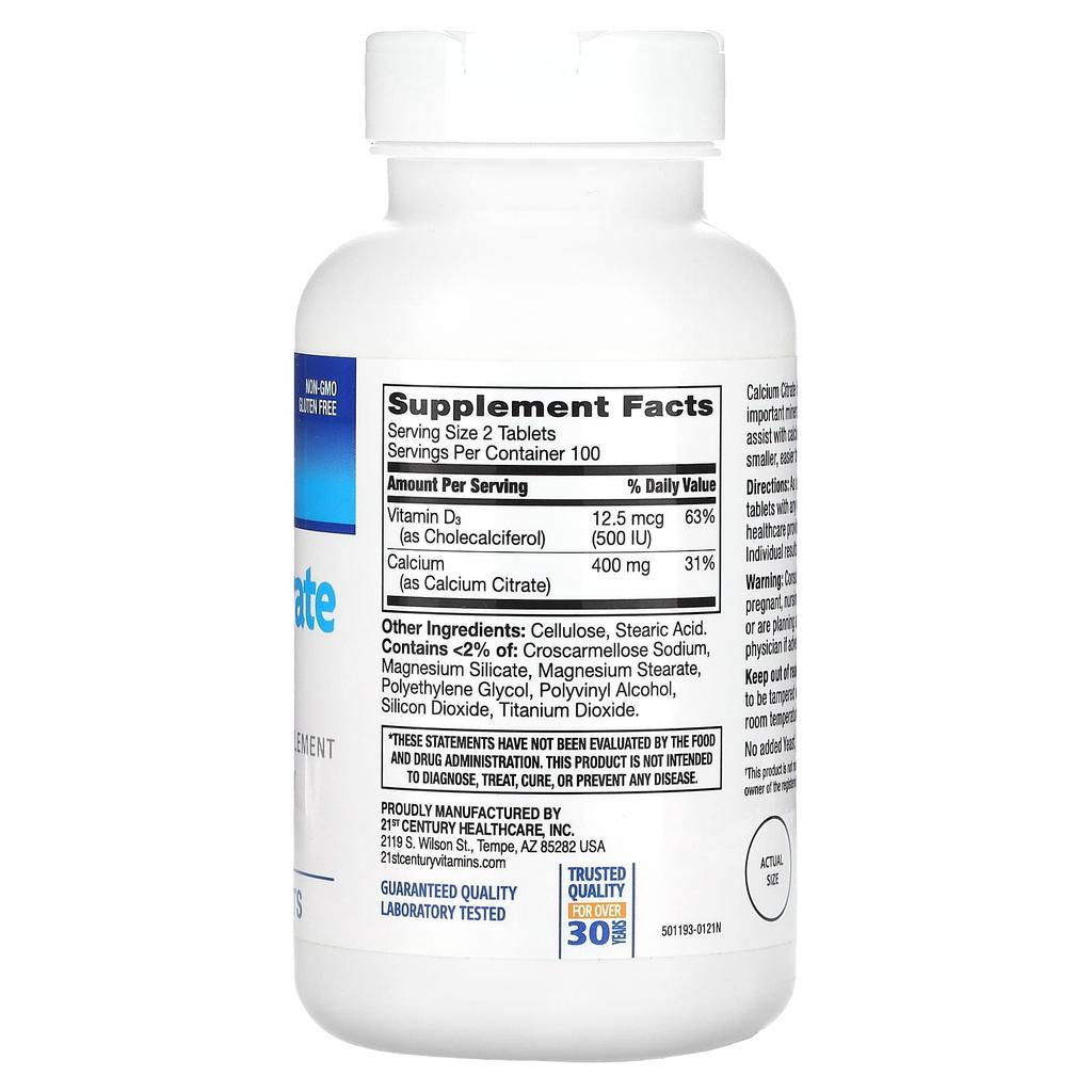 21st Century, Calcium Citrate Ptite + D3, Coated Tablets 200