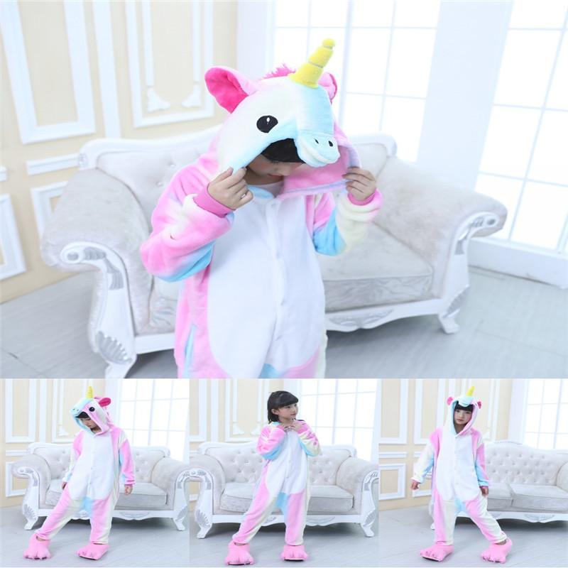 Rainbow Unicorn Kigurumi Pajamas for Kids Unisex Animal Flannel Cosplay Sleepwear with Shoes Boy