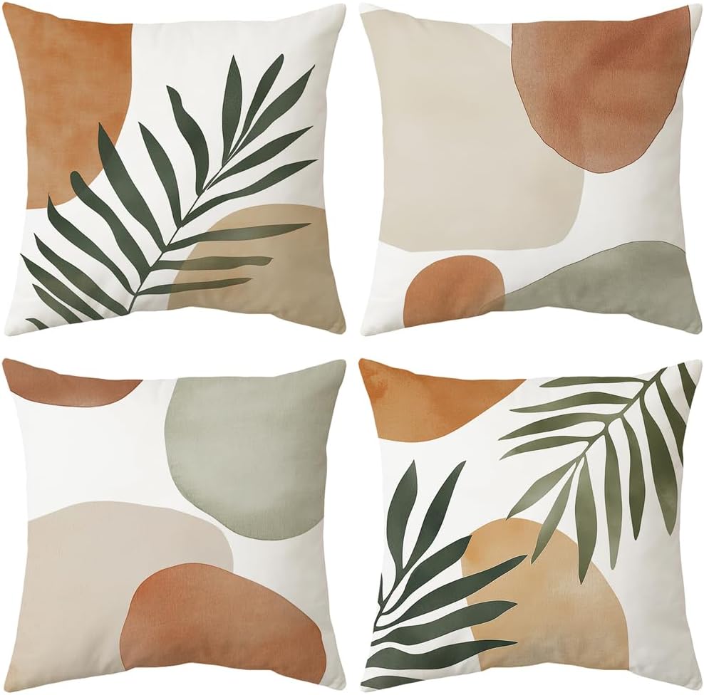 4Pcs Nordic Abstract Plant Cushion Covers, Blue Beige Geometric Pillow Cases For Sofa Bedroom Living Room Decor 45X45Cm