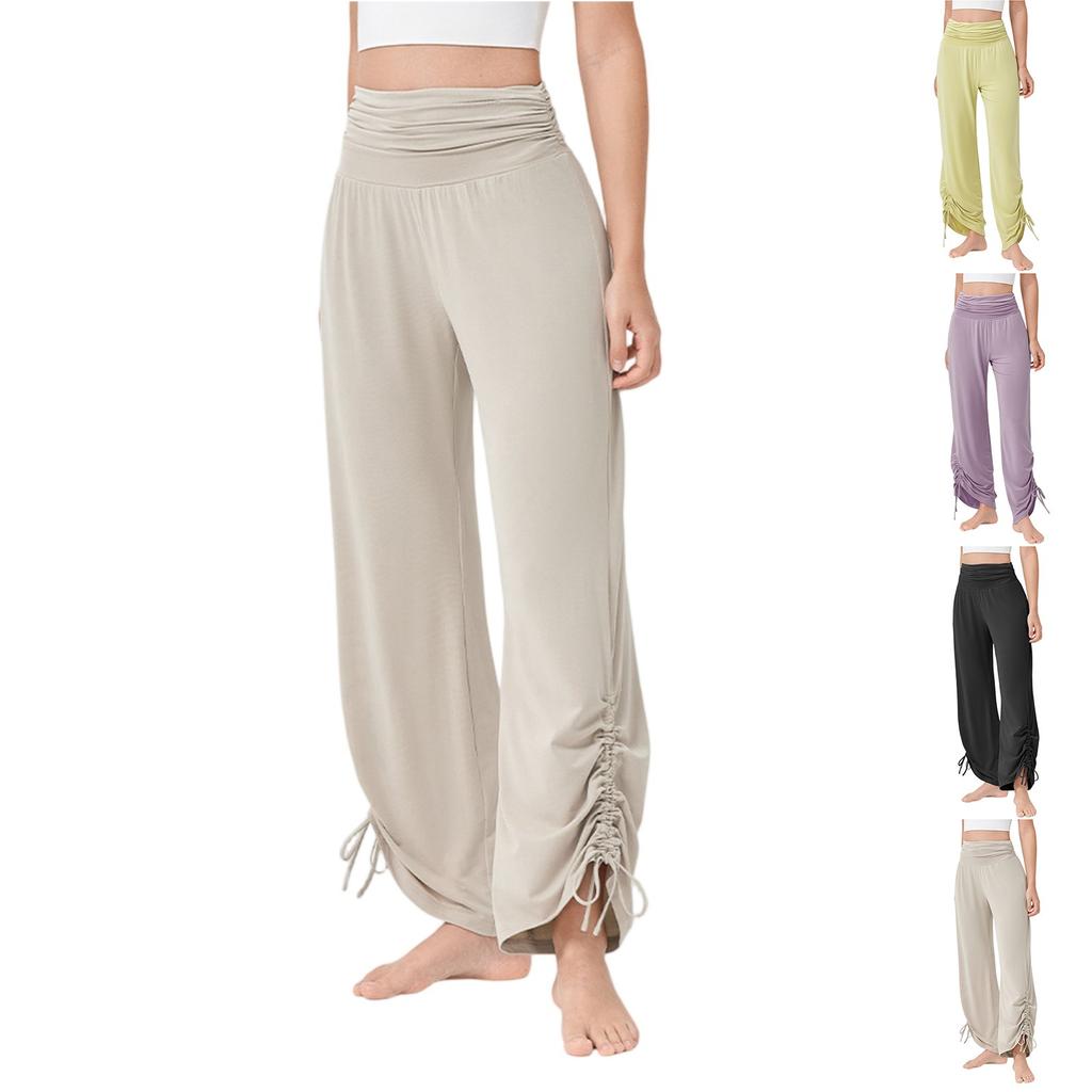 Женские прямые эластичные повседневные однотонные плиссированные спортивные брюки для фитнеса с высокой талией для йоги