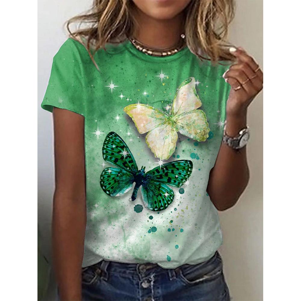 New O-neck 3d Butterfly Print T-shirt Women's Summer Fashion Short-sleeved Blouse Oversized Summer Clothing