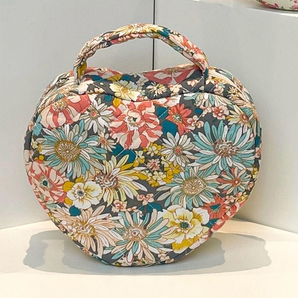 Cute Love Storage Bag Large Capacity Stylish Floral Pattern Makeup Bag Quilting Cotton with Handle Cosmetic Organizer