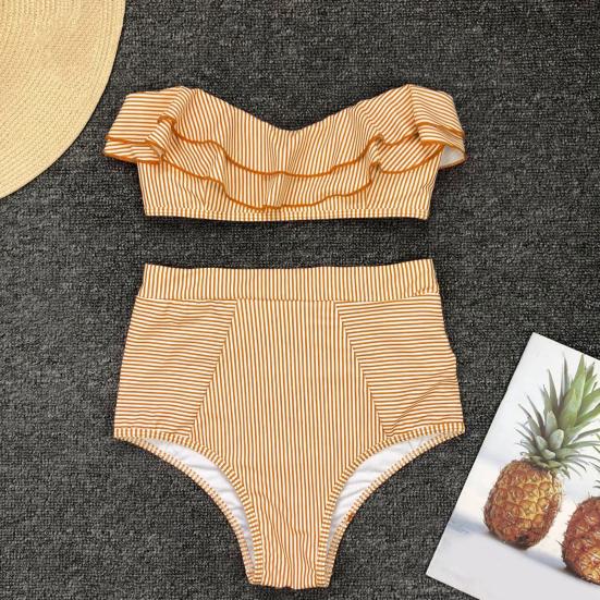 2 Pcs/Set Beach Bikini Set Ruffle Striped Patchwork Tankini High Waist Split Beachwear Elastic Quick-drying Bathing Suit