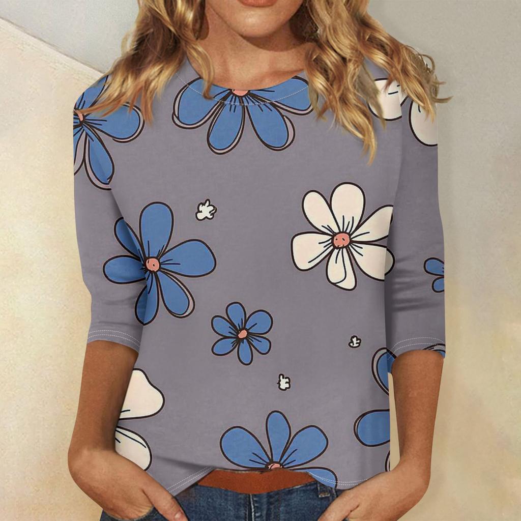 Женская модная повседневная свободная футболка с круглым вырезом и рукавами 3/4 с принтом, женский топ
