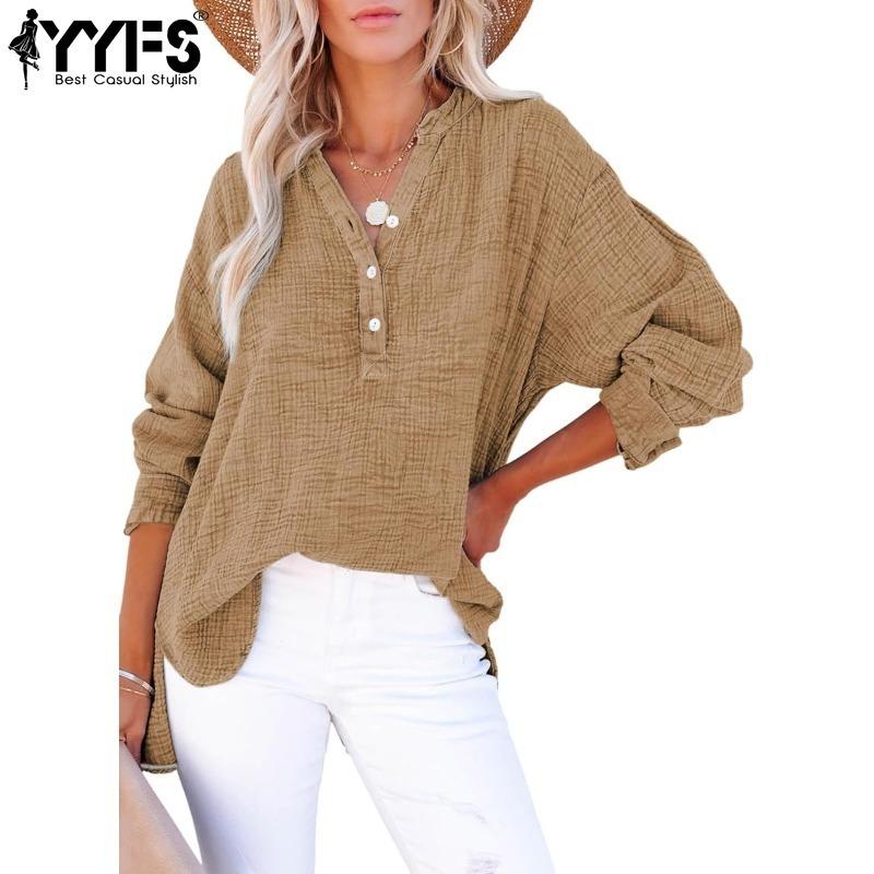 YYFS Women's Fashion Casual Spring Fall Solid Color Print Long Sleeve V-Neck Blouses & Shirts