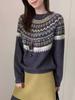 Retro Red Jacquard Knit Sweater - Korean Style Color Block Round Neck for Women