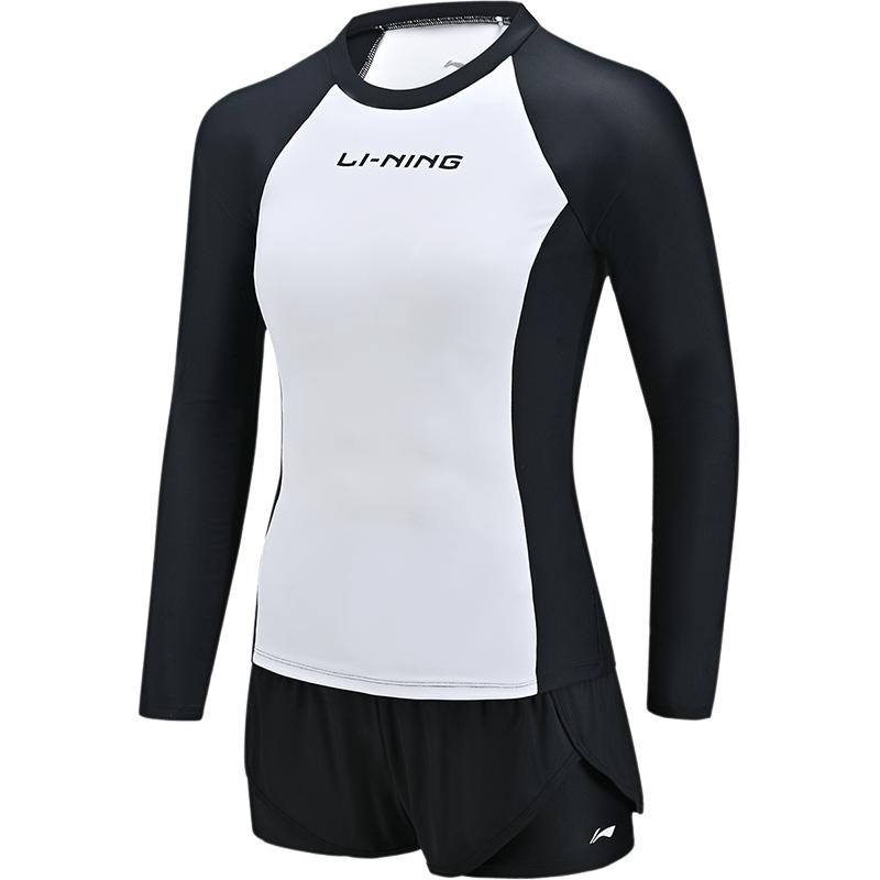 Li Ning Swimming Series Color Block Letter Round Neck Pullover Long Sleeve Two Piece Swimsuit Women swimsuit Black Standard-White ASLT074-1