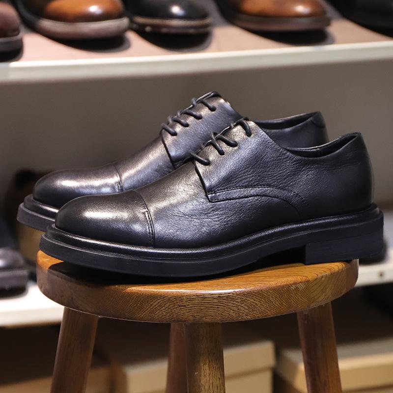 Кожаные дышащие универсальные деловые повседневные кожаные туфли мужские с круглым носком на шнуровке на толстой подошве износостойкие синие туфли дерби
