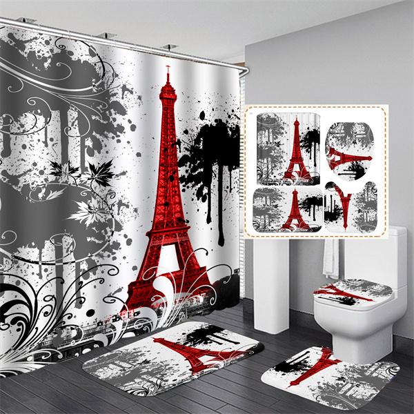 HOT 4PCS Paris Eiffel TowerWaterproof Shower Curtain Bathroom Toilet Seat Cover Mat Home Room Carpets Rugs Bath Mat
