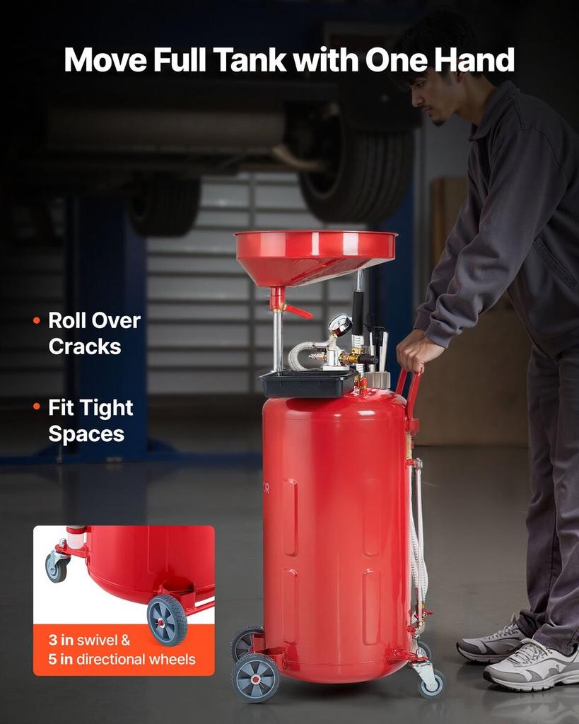 79.5L Waste Oil Drain Tank, Air Operated Portable Oil Drainer with Adjustable Funnel Height, Industrial Fluid Drain Tank with Wheels, Fluid Fuel