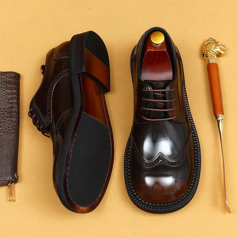 [Во время мероприятия] Деловые повседневные кожаные туфли мужские с большой головкой из кожи с британской гравировкой, широкие толстые ноги