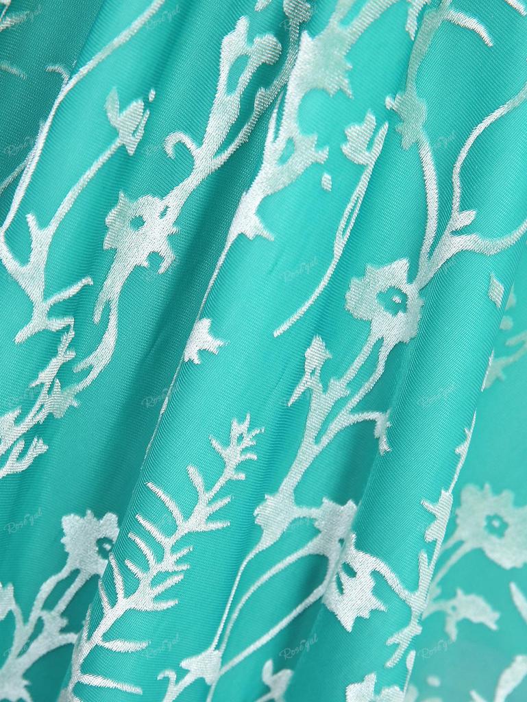 Rosegal Большие размеры, флокированная сетка с цветочным принтом, бант, пуговицы, цепочки, вставка, рюши, кружевная отделка, галстук 2 в 1, топ