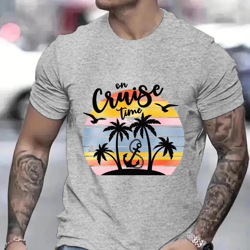 On Cruise Time Print T-shirt for Men Cruise Shirt with Trees Summer Cruising Tshirts Family Vacation Tees Friends Travel Tops