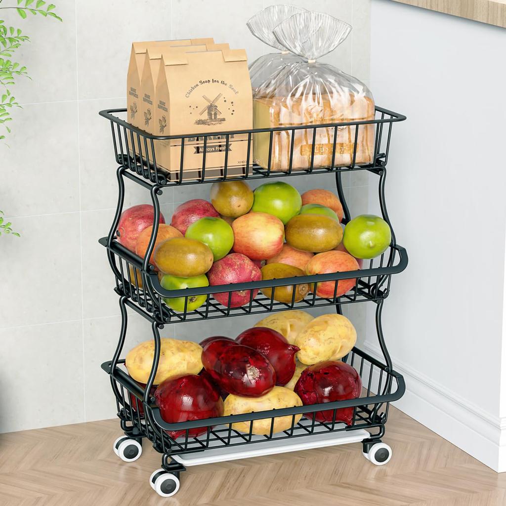 3 Tier Fruit Vegetable Basket,Rolling Pantry Snack Organizer Cart On Wheels for Under Pantry Shelves,Stackable Wire Kitchen Rack