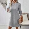 Платье весна-осень с фактурными длинными рукавами и круглым вырезом, однотонное свободное прямое мини-платье, короткое платье-пуловер для поездок на работу, свиданий, путешествий