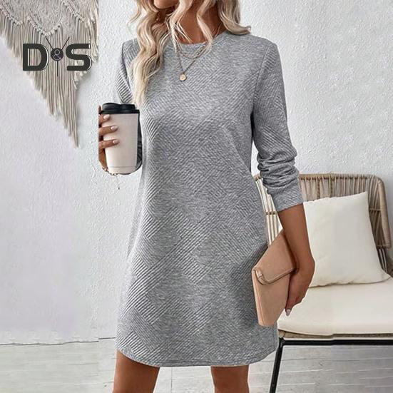 Платье весна-осень с фактурными длинными рукавами и круглым вырезом, однотонное свободное прямое мини-платье, короткое платье-пуловер для поездок на работу, свиданий, путешествий