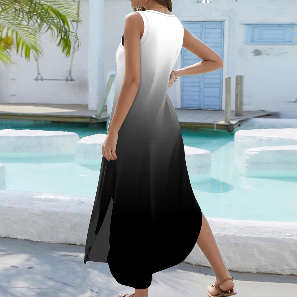 Женский 2024, летний повседневный свободный сарафан, длинное платье с принтом, без рукавов, с v-образным вырезом и разрезом, футболка, макси-платья