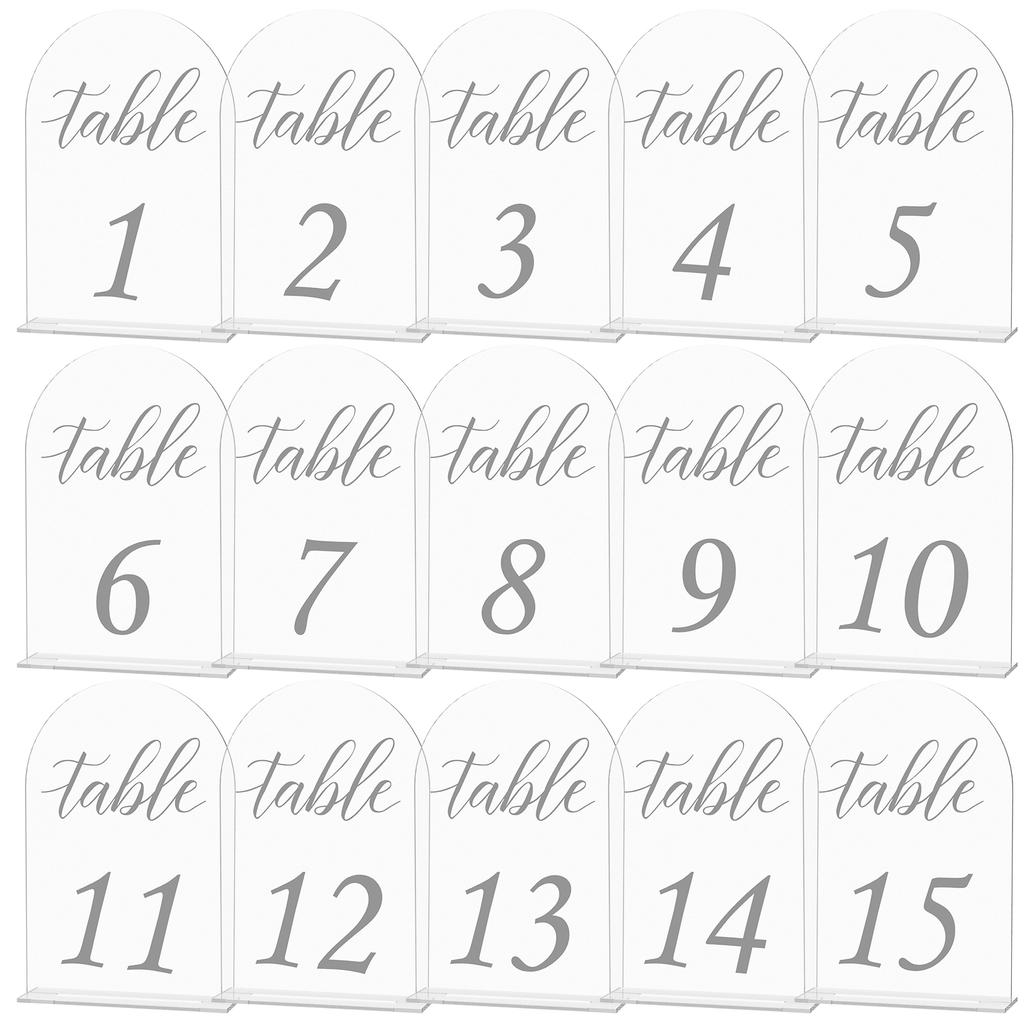 15 Pack Frosted Arched Table Numbers 1-15 with Stands Transparent Acrylic Table Signs for Wedding Reception Table Centerpiece