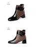 2025 Autumn/Winter Patent Leather Chunky Heel Ankle Boots with Square Toe and Buckle Details