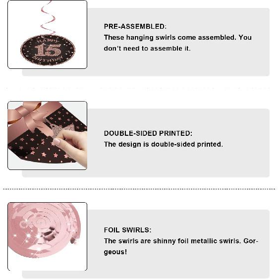 Happy 15th Birthday Hanging Swirls Streams Ceiling Decorations, Celebration 15 Foil Hanging Swirls with Cutouts for 15 Years Old Rose Gold Birthday