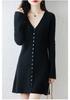 25 Early Autumn Women's V-neck Slim Knit Dress: Waist-cinching A-line Skirt with Long Sleeves and Multi-button Detail.
