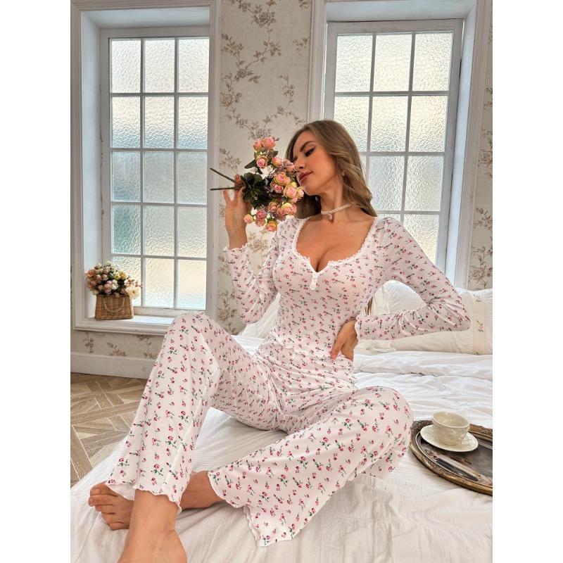 Women's Sleepwear Floral Print Lettuce Trim PaJamas Set Elastic Waistband Loungewear Full Sleeve Nightwear 2pc Homewear