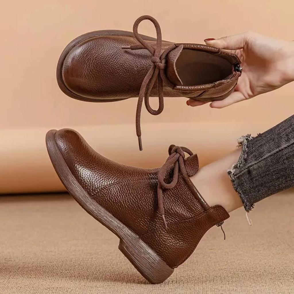 Натуральная кожа Удобные плоские короткие ботинки Мягкая поверхность Мягкая подошва Удобные Универсальные женские кожаные ботинки Воловья кожа Нескользящие ботинки 35-41