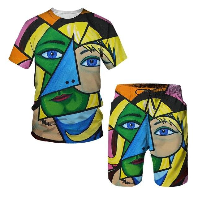 Мужской спортивный комплект, состоящий из 2 предметов, пляжный повседневный спортивный костюм с короткими рукавами и принтом, футболки с абстрактным узором, шорты с эластичной резинкой на талии, брюки, комплекты спортивных костюмов