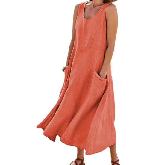 Women Summer Dresss O Neck A-line Loose Hem Sleeveless Pockets Soft Breathable Casual Mid-calf Length Sundress Daily Midi Dress