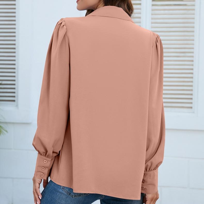 GMXIA Женские модные повседневные весенне-осенние однотонные свободные блузки и рубашки с длинным рукавом с принтом и воротником