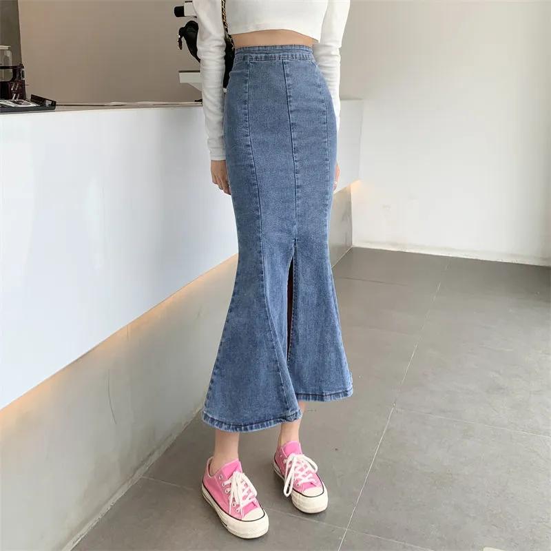 Юбка из джинсов с застежкой «рыбий хвост» женская летняя юбка-трапеция с разрезом, джинсовая юбка-миди с оборками, высокая талия, сексуальная обтягивающая джинсовая юбка