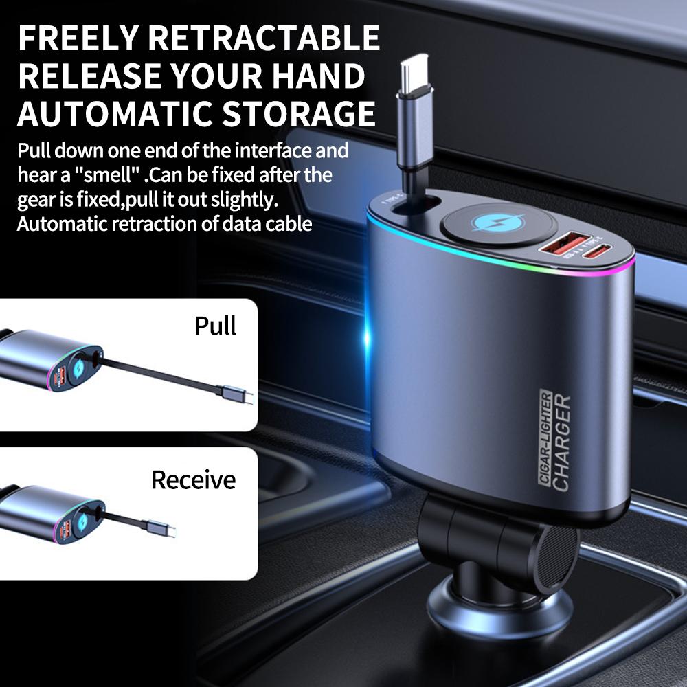 Втягивающееся автомобильное зарядное устройство USB C 66 Вт Быстрая зарядка Прикуриватель для iPhone 16 15 Pro Samsung Разъем питания с подсветкой