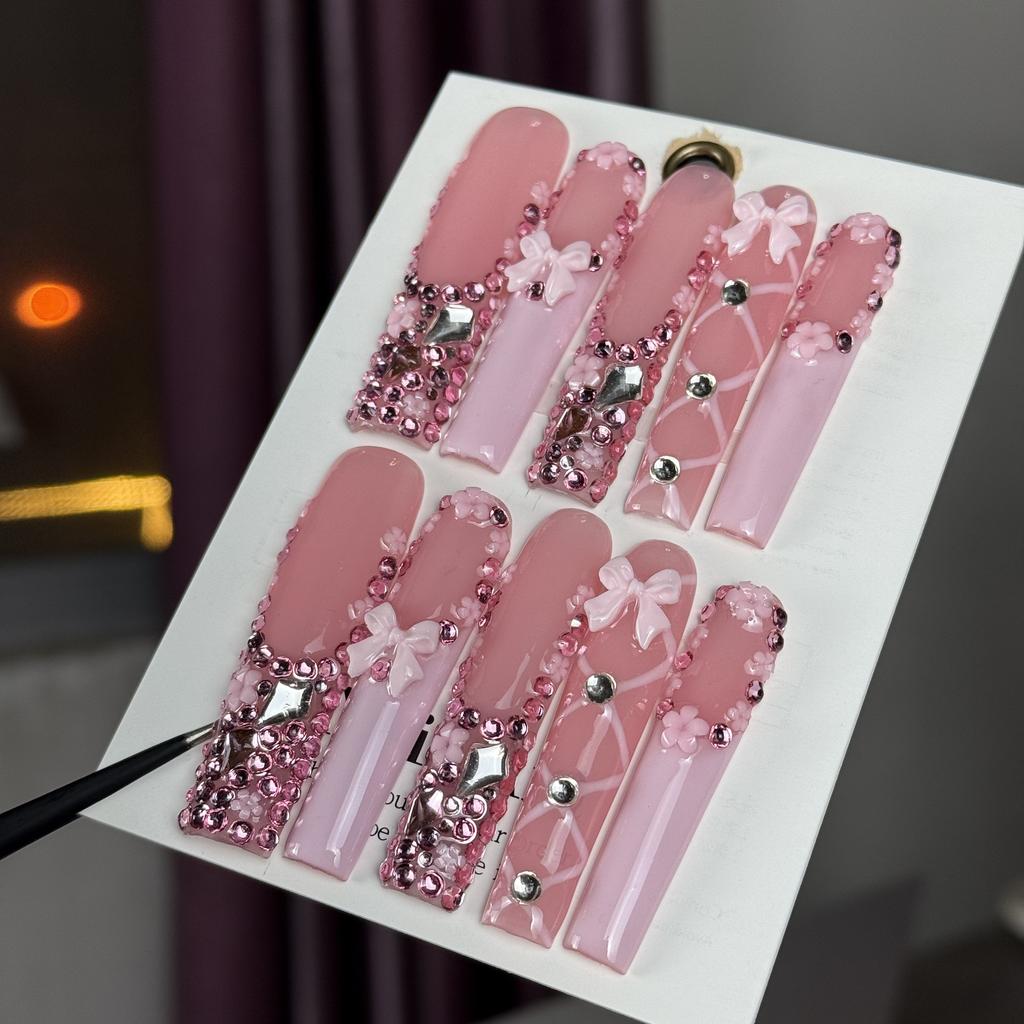 10Pcs French Tip Nail Stickers Hand Painted 3D Bow Rhinestone Elegant Lady Fake Nails