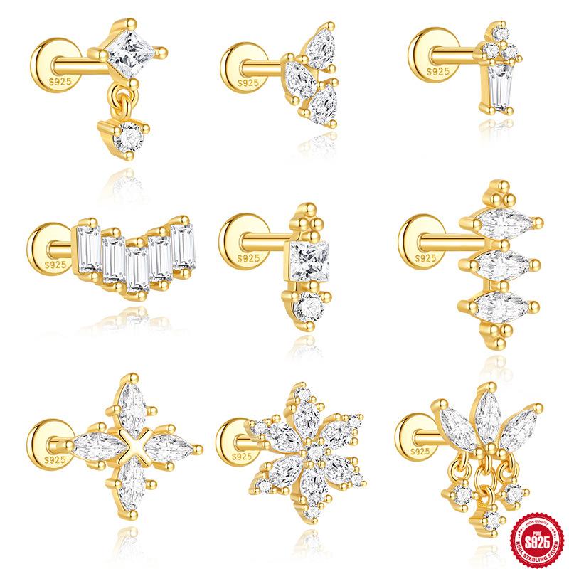 S925 Циркон 'Лошадиный глаз' с бахромой, плоская головка, спиральный пирсинг хряща, женские простые и универсальные базовые серьги-гвоздики и украшения для ушей